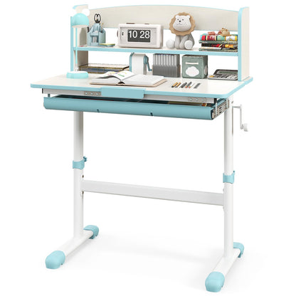 Kids Desk, Height Adjustable Children School Study Table with 7-Level Tiltable Desktop, Bookshelf & Pull-Out Drawer