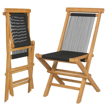 GiantexUK Patio Chairs Set of 2, Folding Teak Wood Garden Dining Chairs with Woven Rope Back & Sea(X-Shaped Structure, 46 x 62 x 89cm)