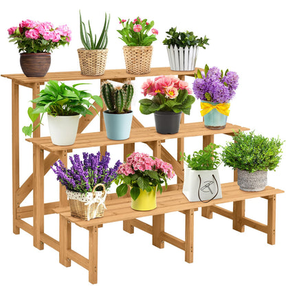 3-Tier Plant Stand, Fir Wood High Low Pots Ladder Shelf Rack with Slatted Tiers, Indoor Outdoor Flowers Display