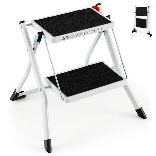 GiantexUK 2 Step Ladder, Metal Folding Ladder with Anti-Slip Wide Steps and Thickened Foot Caps