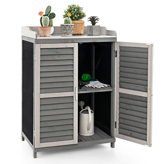 GiantexUK Wooden Garden Shed, Outdoor Tool Storage Cabinet with Galvanized Metal Top