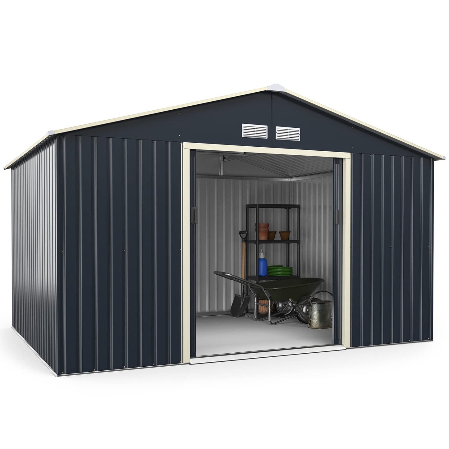 GiantexUK 11x8FT Metal Garden Shed, Outdoor Galvanized Storage House with 4 Vents & Lockable Sliding Doors