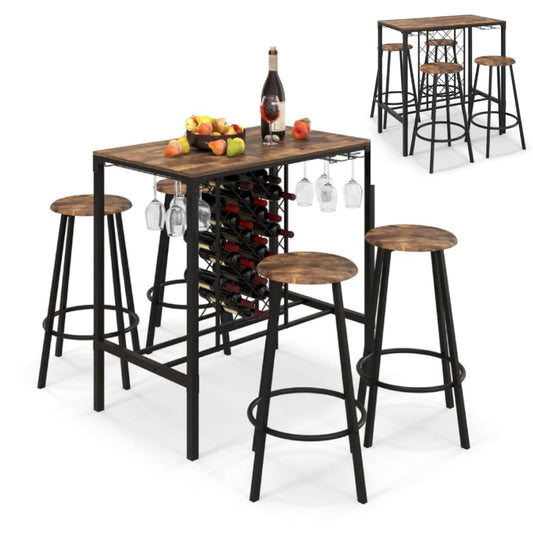 GiantexUK 5-Piece Bar Table Set, 4 Seater Dining Table and Stools Set with Wine Rack & Glass Holders