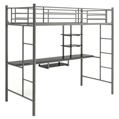 Single Loft Bed, 2-Ladders High Sleeper Bunk Bed with Desk & Safety Guardrail