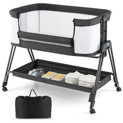 Baby Bedside Crib, Easy Folding Cot Bed with Mattress, All-Side Mesh, Storage Shelf and Travel Bag