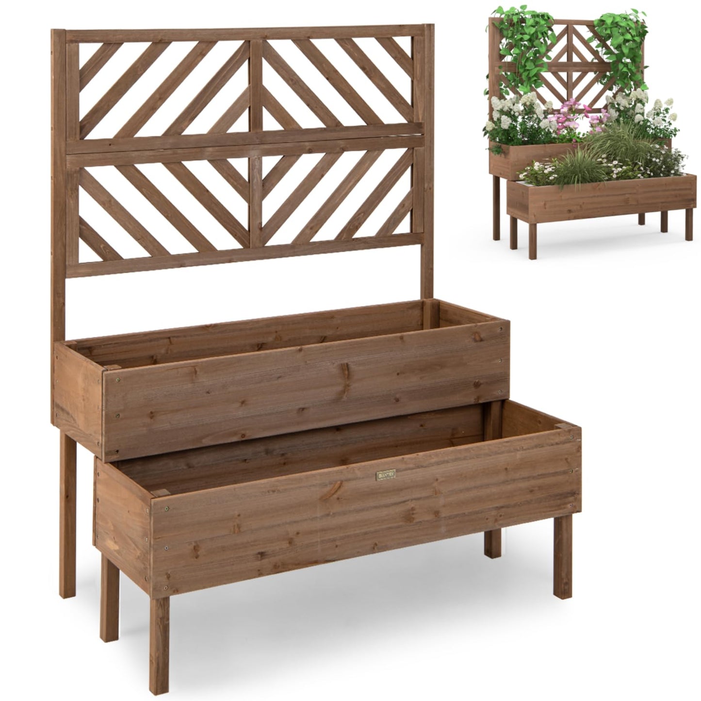 GiantexUK 2-Tier Garden Garden Bed with Trellis, Wood Garden Planter with Drainage Hole