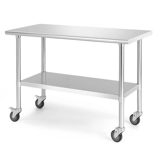 GiantexUK Stainless Steel Catering Table, 122 x 61 x 89 cm Rolling Commercial Work Table with 4 Wheels & Flexible Adjustment Shelf