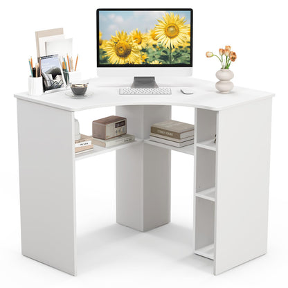 GiantexUK Corner Computer Desk, Triangle Study Desk Writing Workstation with Storage Shelves