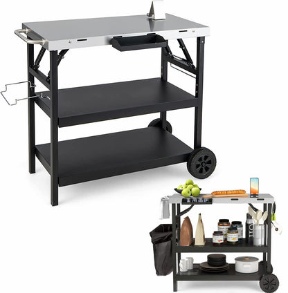 GiantexUK Folding Dining Cart, 3-Tier Mobile BBQ Table Trolley with Adjustable Shelf, Phone Stand