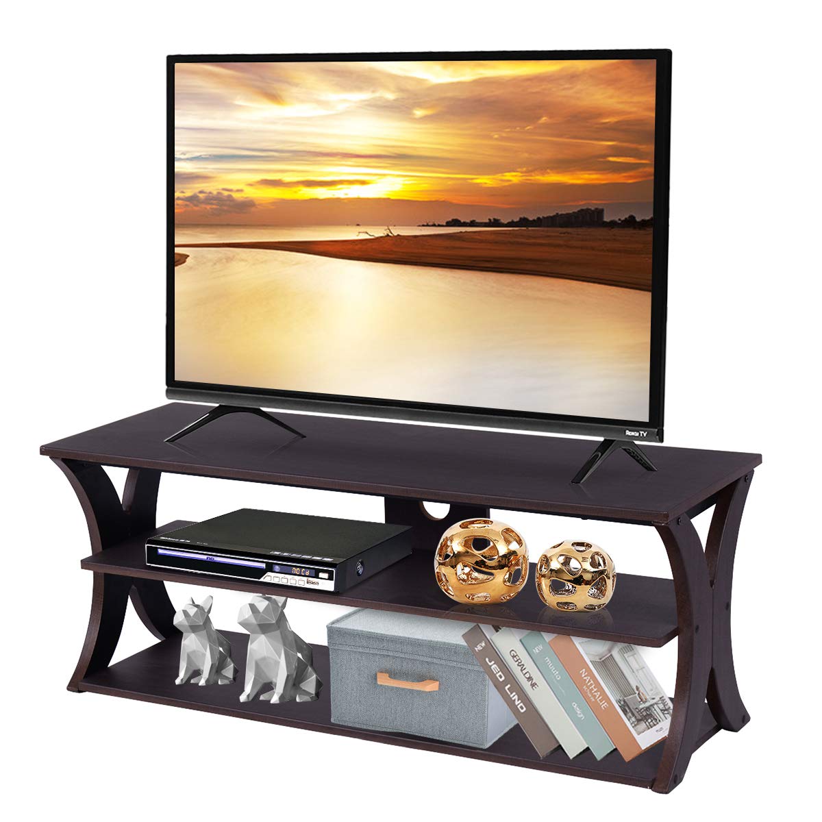 TV Stand for TVs up to 45 Inches, Wooden TV Cabinet Media Entertainment Center with 3-Tier Open Storage Shelves