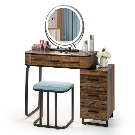 Dressing Table and Stool Set with 3-Color LED Lights Swivel Mirror, Charging Station