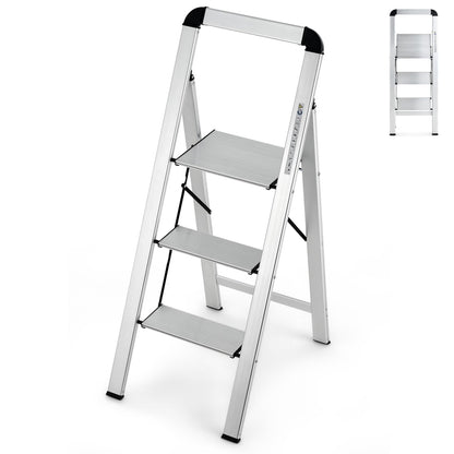 GiantexUK 3 Step Ladder, Aluminum Folding Ladder with Non-slip Wide Pedal, Anti-slip Foot Pads & Safety Buckle (3 Step with Handrail)