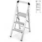 GiantexUK 3 Step Ladder, Aluminum Folding Ladder with Non-slip Wide Pedal, Anti-slip Foot Pads & Safety Buckle (3 Step with Handrail)