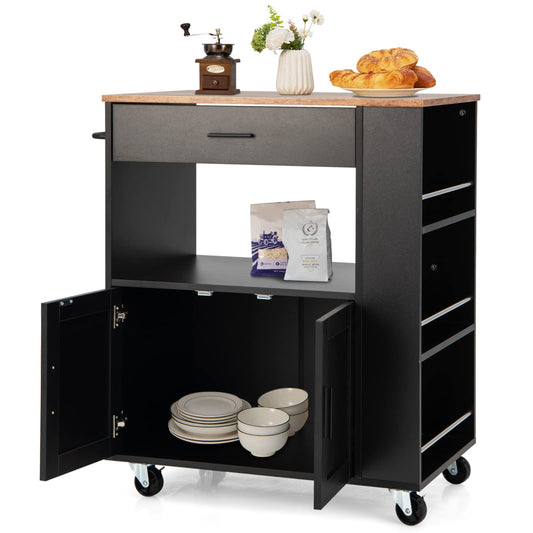 GiantexUK Kitchen Trolley on Wheels, Kitchen Storage Island with Large Drawer, 2-Door Cabinet, Open Shelf, 3 Spice Racks and Towel Rack