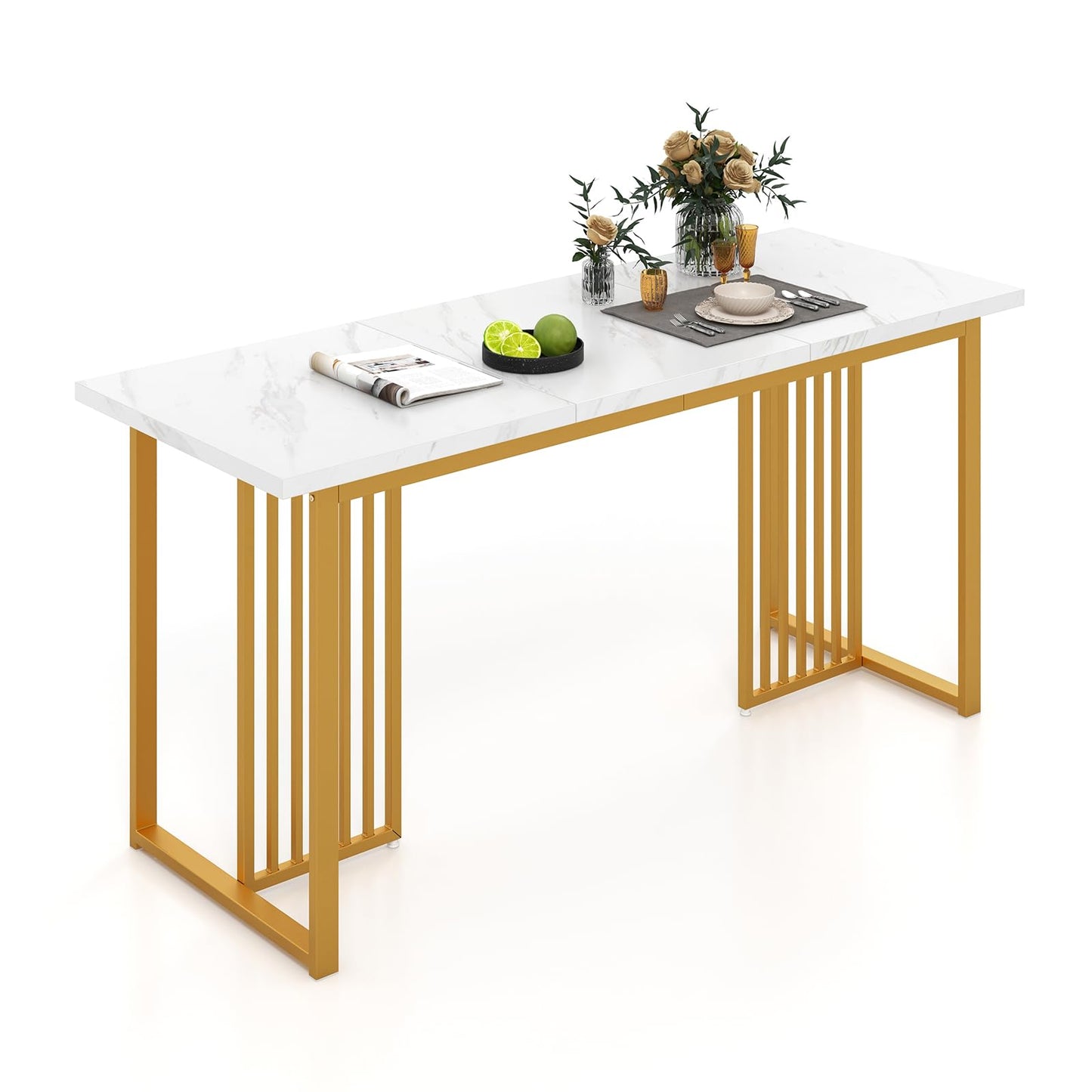 Dining Table for 6-8 People, 160cm Rectangular Kitchen Tables with Faux Marble Tabletop