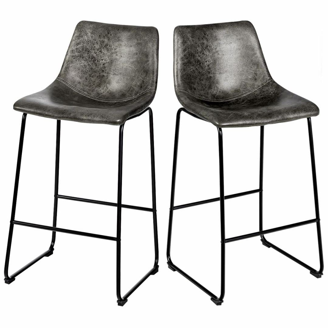 GiantexUK Bar Stools Set of 2, Vintage Leather Kitchen Dining Chairs with Footrests and Curved Backrest, Home Office Counter Barstools