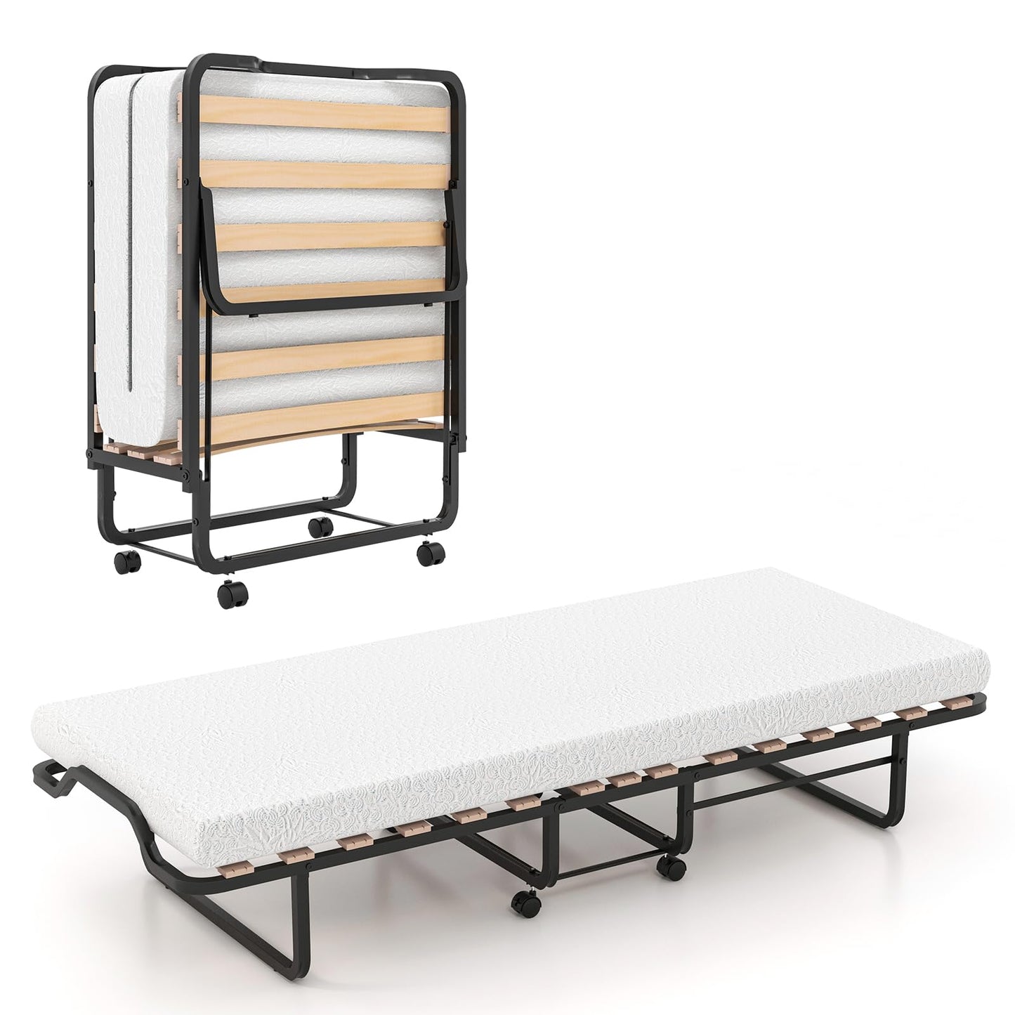 Folding Bed with 10cm Memory Foam Mattress, Portable Metal Frame Guest Bed with Wheels