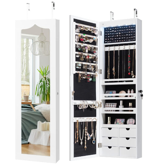 Wall & Door Mounted Jewellery Cabinet, 5 LED Lighted Lockable Jewelry Armoire with Full-Length Mirror