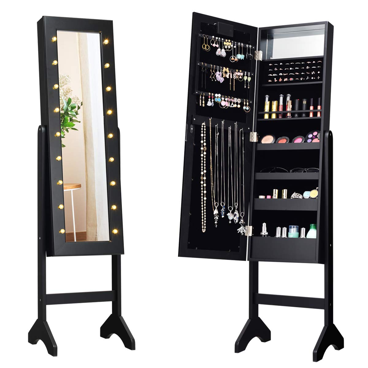 Jewellery Cabinet, LED Light Jewellery Standing Mirror Lockable Armoire