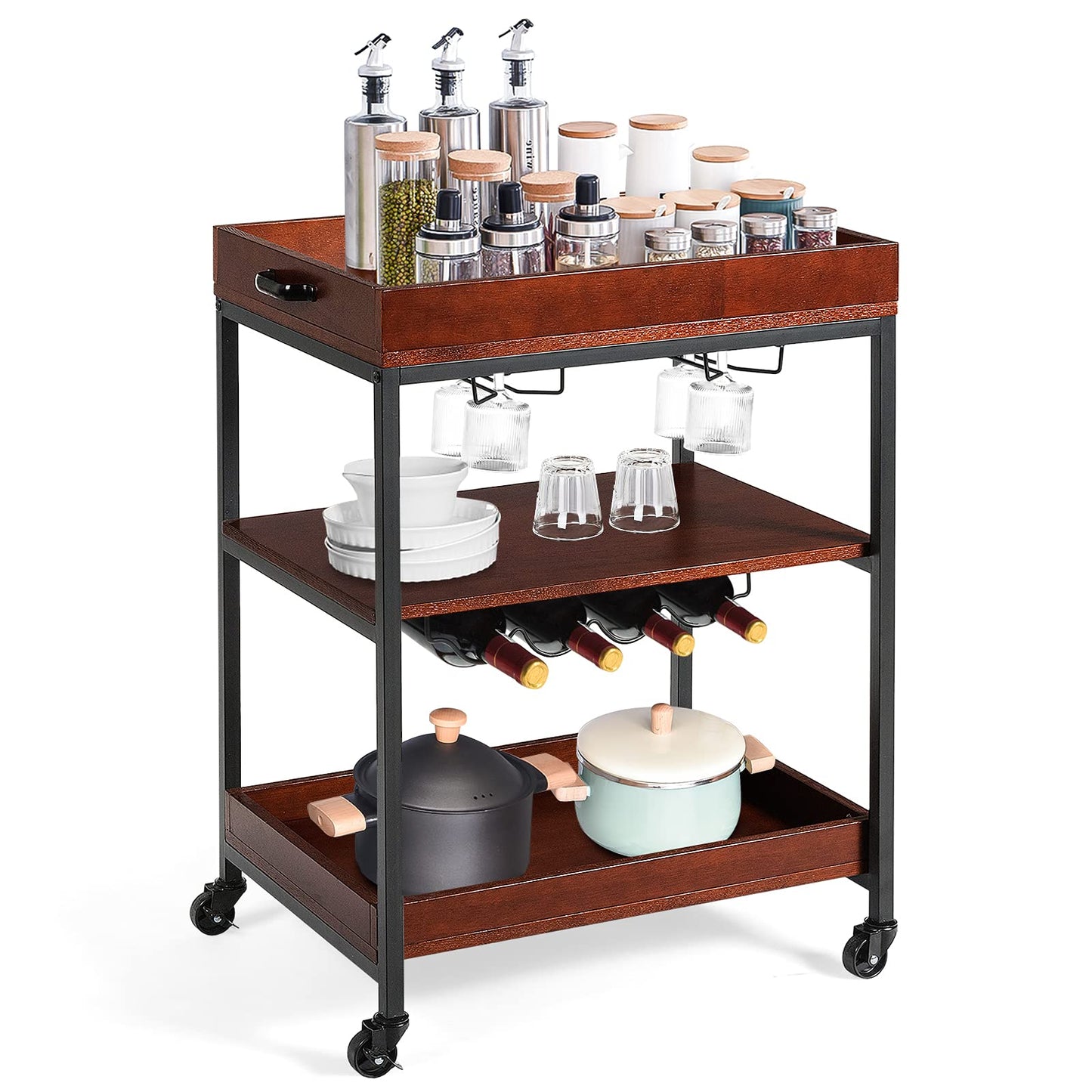 GiantexUK Kitchen Serving Trolley, Rolling Bar Cart with Wine Rack & Glass Holders, Drinks Storage Island on Lockable Wheel (1 Tier Wine Rack, 60 x 45 x 85cm)