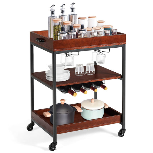 GiantexUK Kitchen Serving Trolley, Rolling Bar Cart with Wine Rack & Glass Holders, Drinks Storage Island on Lockable Wheel (1 Tier Wine Rack, 60 x 45 x 85cm)