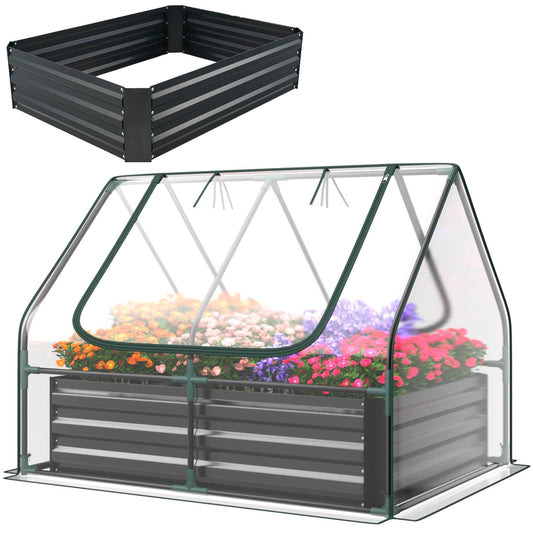 Raised Garden Bed with Greenhouse, Outdoor Elevated Planter Box with PVC Cover & Dual 2-Tier Roll-Up Windows