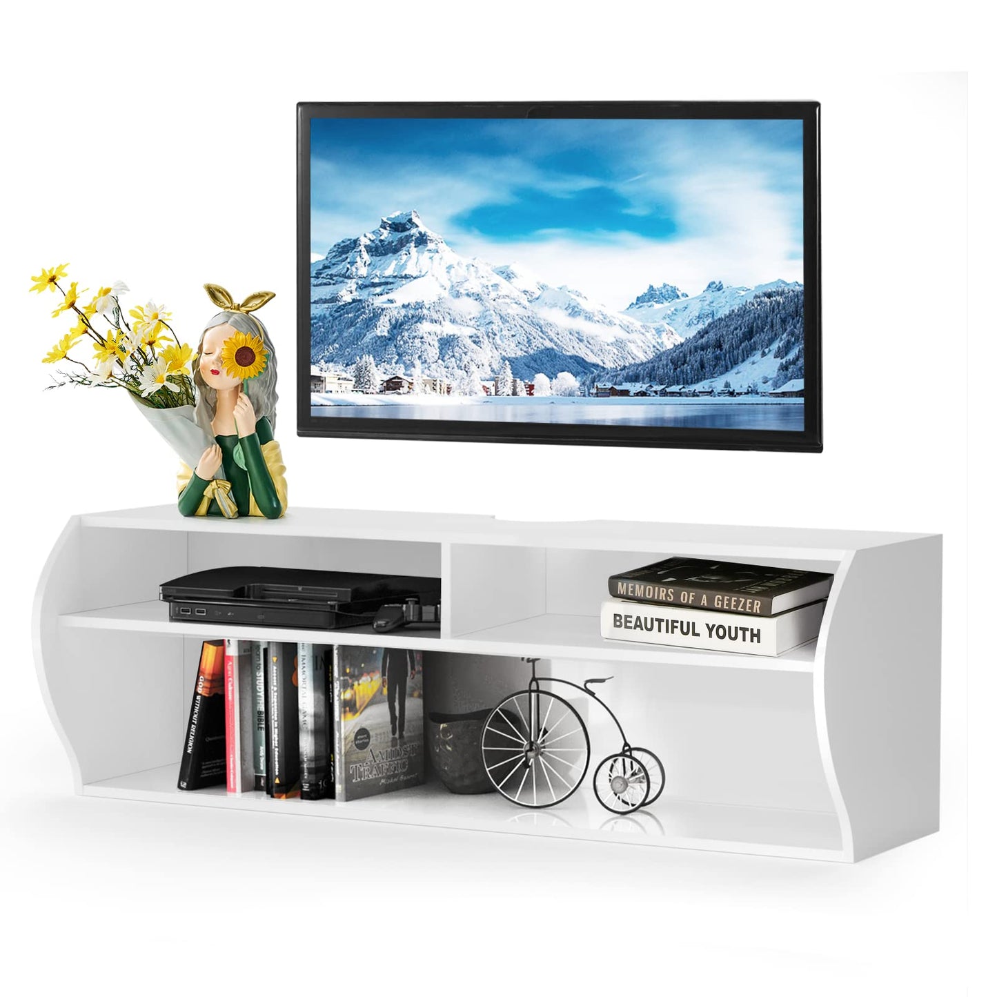 Wall Mounted Floating TV Stand, Wooden Hanging TV Cabinet Media Entertainment Center with Open Shelves