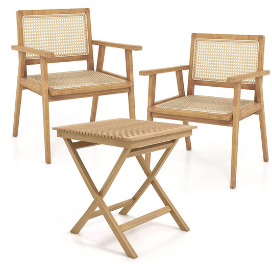 GiantexUK Bistro Set, Folding Teak Wood Table and Chairs with Rattan Back, Armrests & Slatted Tabletop