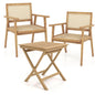 GiantexUK Bistro Set, Folding Teak Wood Table and Chairs with Rattan Back, Armrests & Slatted Tabletop