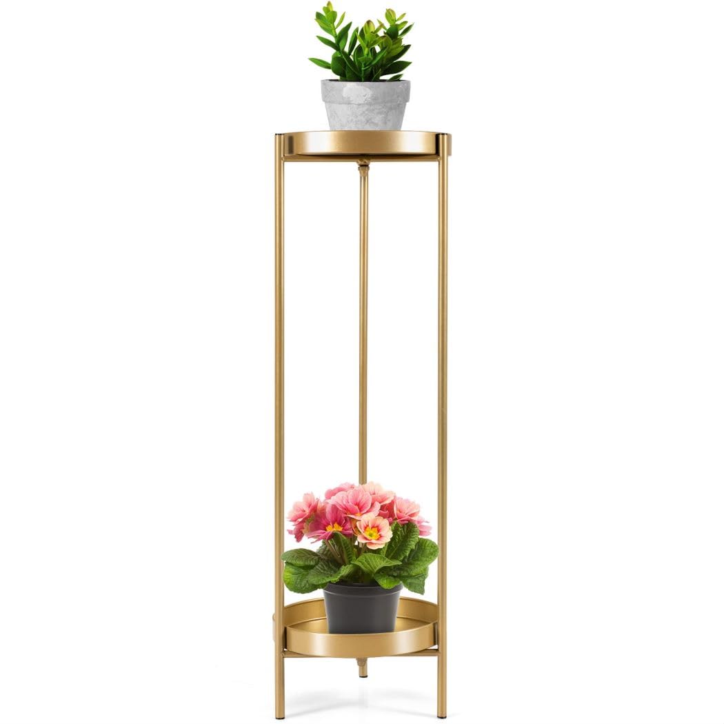 GiantexUK 80cm Metal Plant Stand, 2-Tier Freestanding Flower Holder Rack with Trays, Gold