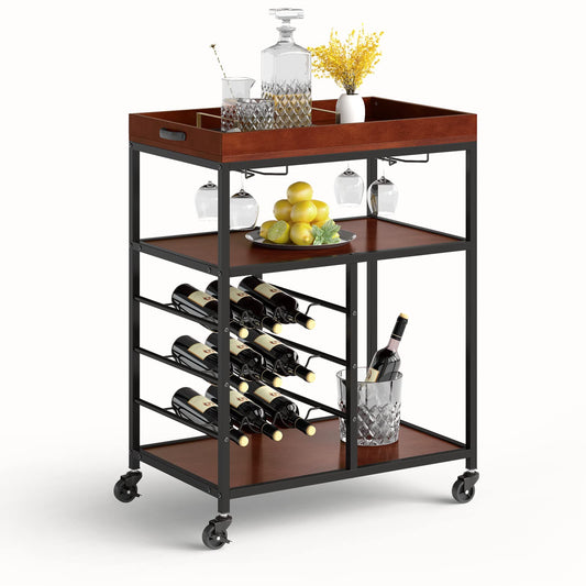 GiantexUK Kitchen Serving Cart, 3 Tier Rolling Cart Trolley with Wine Rack and Handle (3 Tiers Wine Rack, 71 x 45 x 93cm)