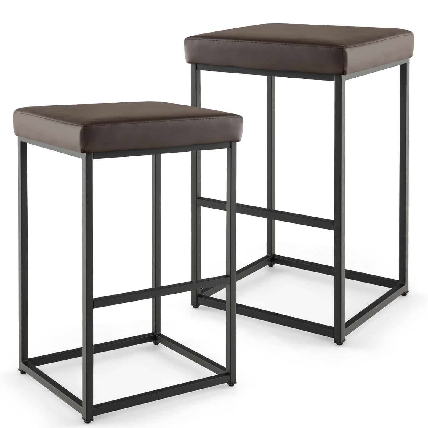 GiantexUK Bar Stools Set of 2, Upholstered PU Leather Kitchen Barstools with Footrest & Adjustable Foot Pads