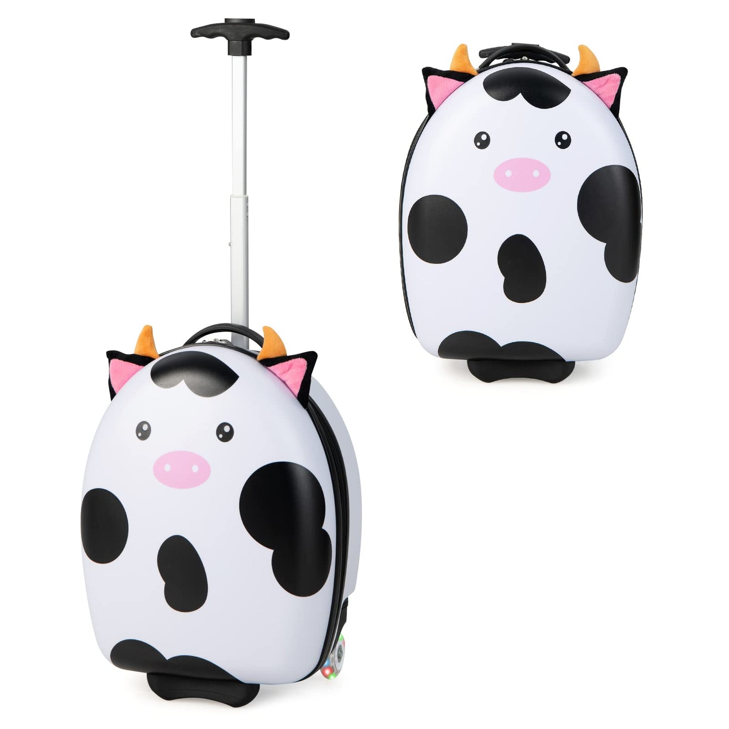 Kids Luggage, 16'' Children Cabin Suitcase with Light-up Wheels and Telescopic Handle (White Cow)