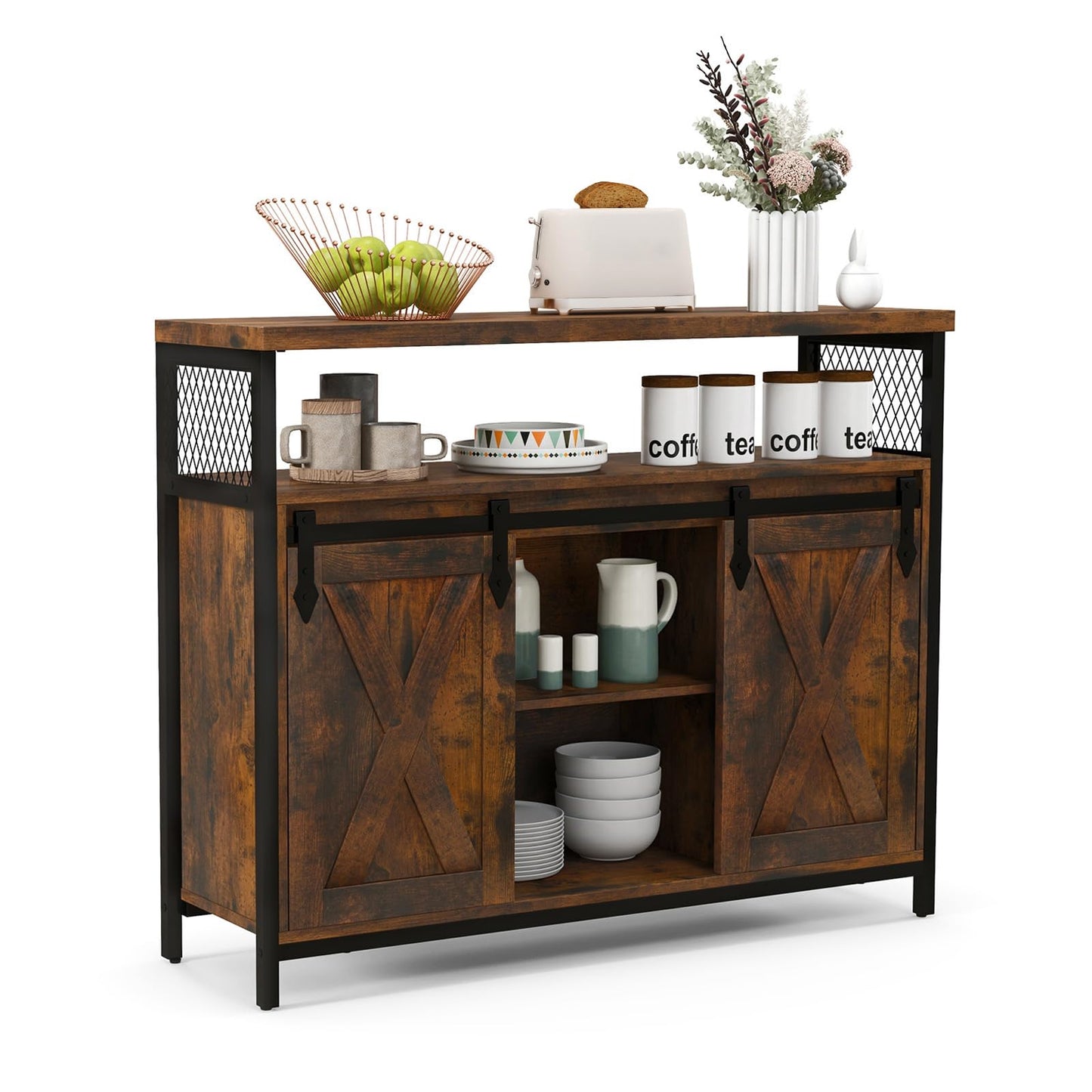 GiantexUK Industrial Buffet Sideboard, Wooden Storage Cabinet with 2 Sliding Barn Doors