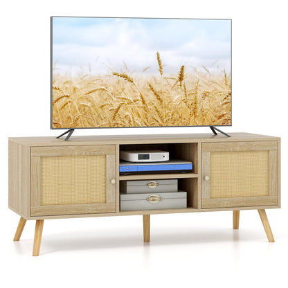 TV Stand for TVs up to 55", Wooden TV Cabinet Media Entertainment Center with 2 Rattan Effect Doors and Open Storage Shelves