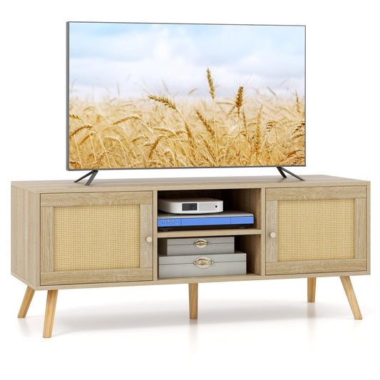 TV Stand for TVs up to 55", Wooden TV Cabinet Media Entertainment Center with 2 Rattan Effect Doors and Open Storage Shelves