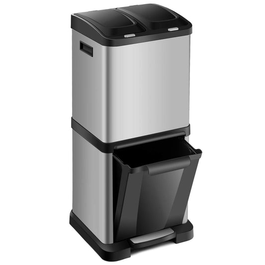 GiantexUK Recycling Pedal Bin, 32L Kitchen Trash Can with Lids, 3 Removable Compartments