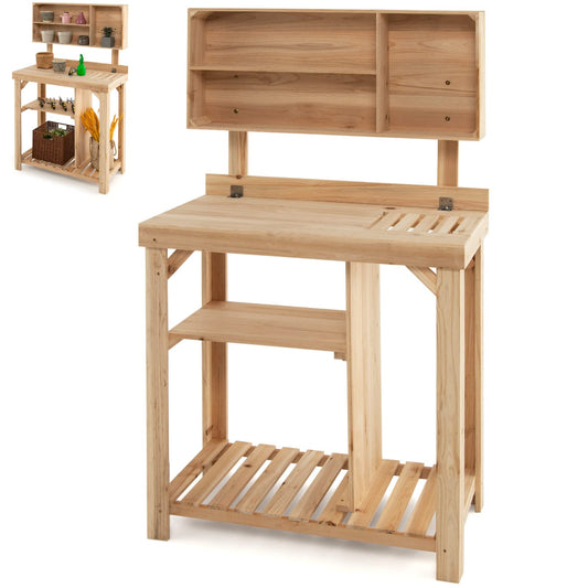 GiantexUK Garden Potting Table, Fir Wood Potting Bench with Multiple Storage Shelves