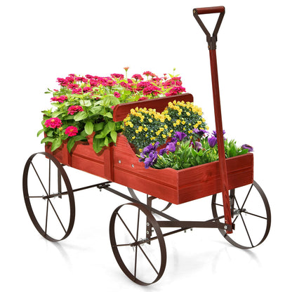 GiantexUK Wooden Wagon Garden Planter, Flower Cart with Long Handle and Flexible Wheels