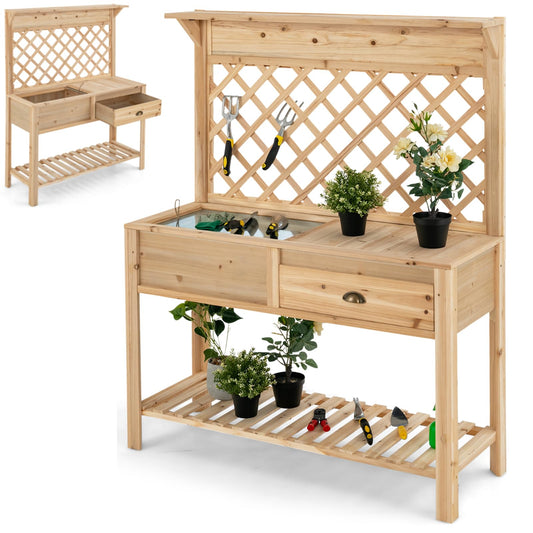 GiantexUK Garden Potting Table, Wooden Planting Bench with with Trellis