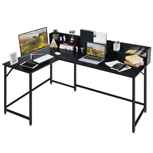 L-Shaped Computer Desk, Industrial Large Corner Desk Writing Study Table with Hutch