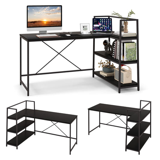 L-Shaped Computer Desk, Large Reversible Corner Desk with Open Storage Shelves