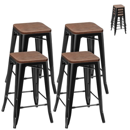 GiantexUK Bar Stools Set of 4, 64 CM Stackable Metal Frame Kitchen Chairs with Elm Wood Seat