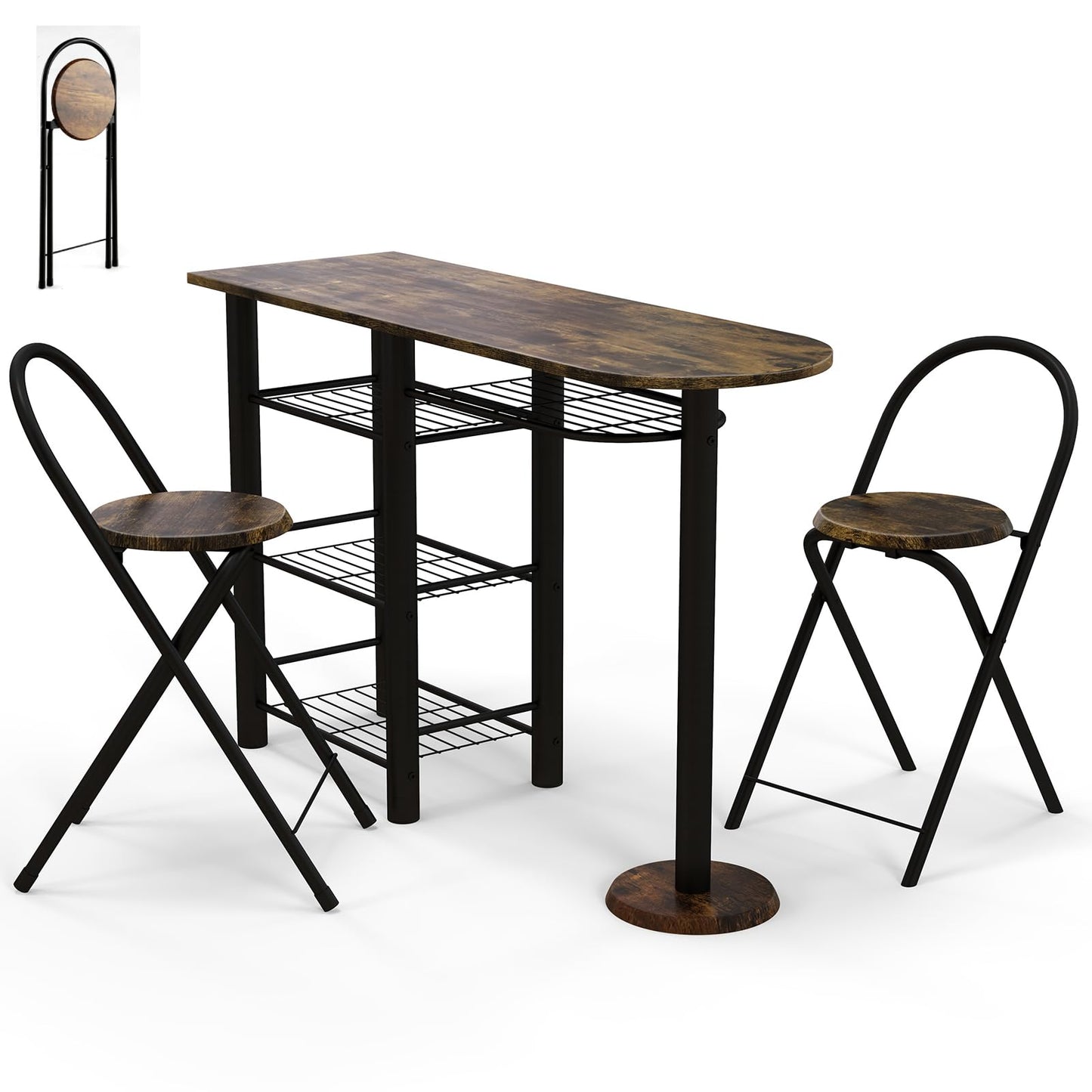 GiantexUK 3PCS Dining Table and Chairs Set, Metal Frame Breakfast Table and Folding Chairs with Shelves & Anti-toppling Device