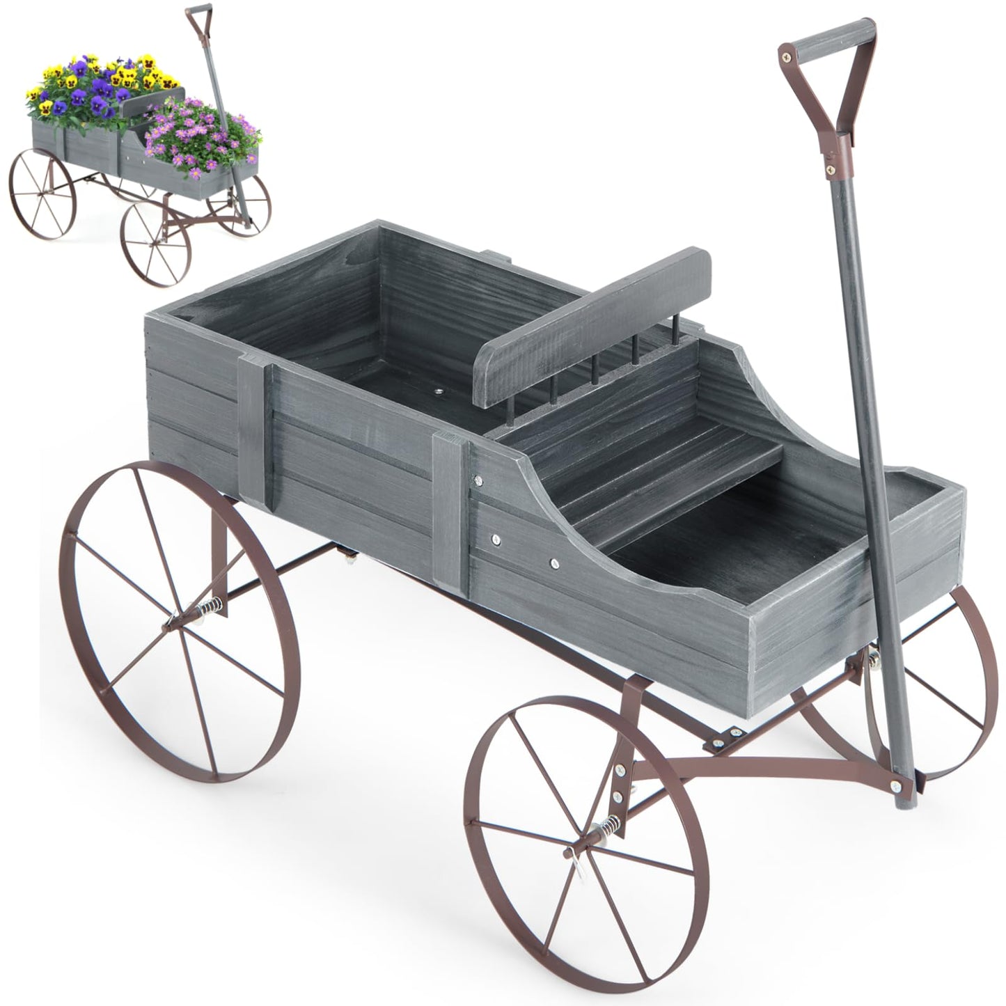 GiantexUK Wooden Wagon Garden Planter, Flower Cart with Long Handle and Flexible Wheels