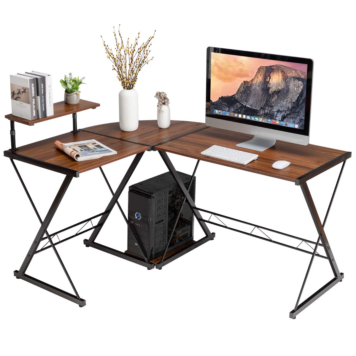 L-Shaped Computer Desk, Industrial Large Desktop 2-Person Corner Writing Workstation PC Laptop Table