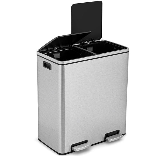 GiantexUK 60L Double Rubbish Bin, 2x30L Stainless Steel Recycling Kitchen Pedal Bin with Removable Buckets & Soft Close Lids