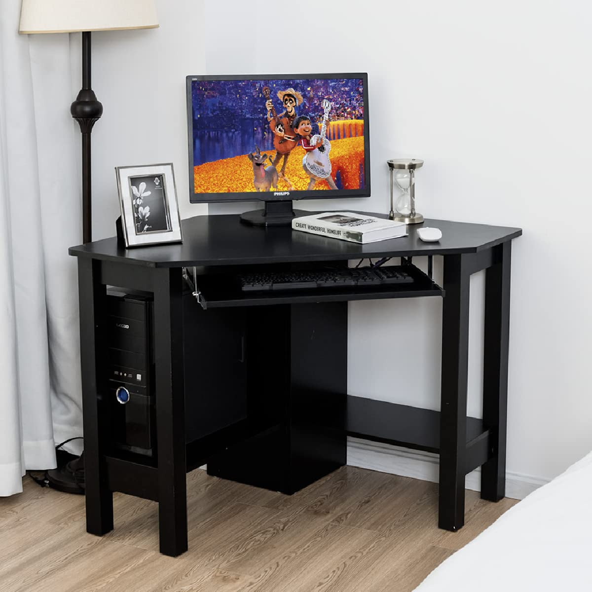 Corner Desk, Triangle Computer Desk with Keyboard Tray & 2 Open Shelf