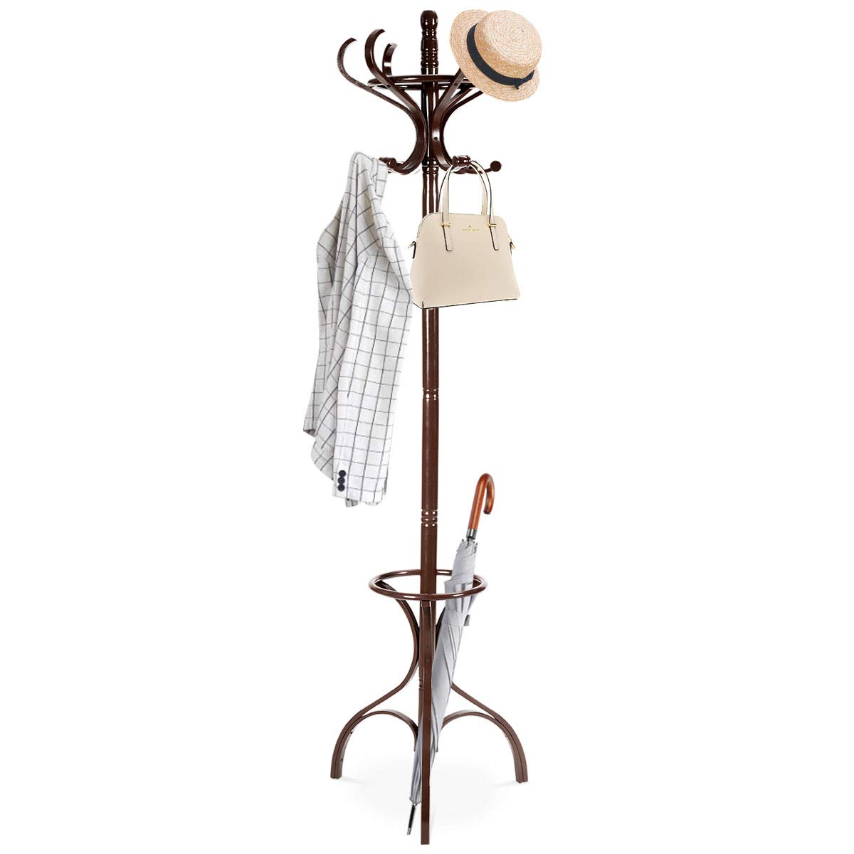 GiantexUK Rotating Coat Hat Rack, Wooden Freestanding Clothes Hanger with 12 Hooks