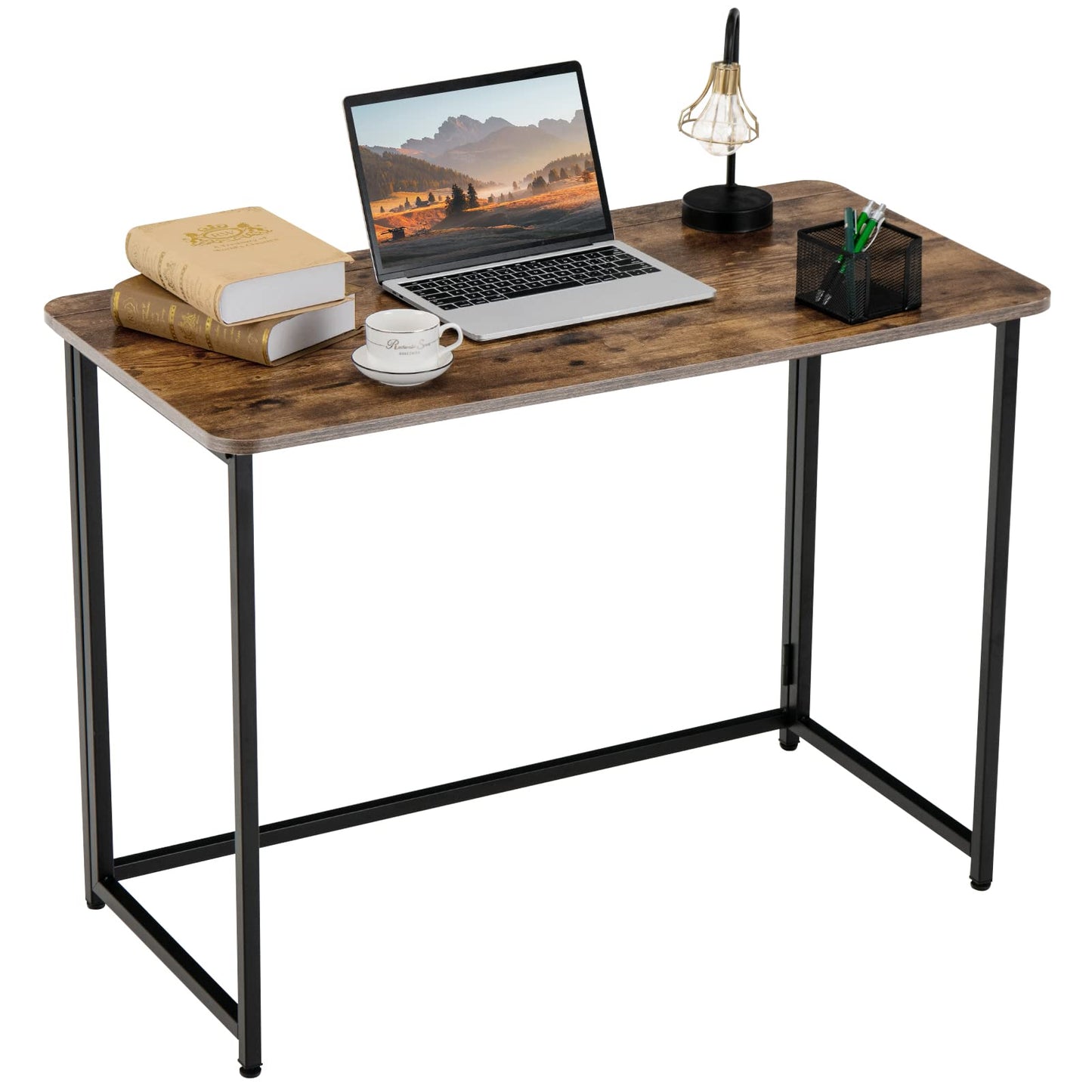 Folding Computer Desk, Simple PC Laptop Table Writing Workstation (Rustic Brown+Black, 100 x 50 x 72cm)